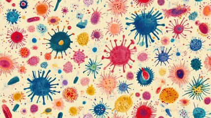 Seamless pattern featuring hand drawn microbes and germs colorful watercolor background ideal for fabric design textile patterns