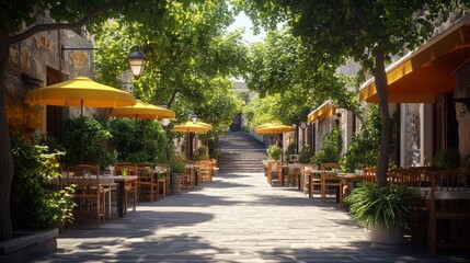 Sunlit cobblestone street with outdoor cafes, lined with trees and yellow umbrellas.
