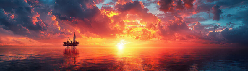Fototapeta premium vast open landscape features distant oil rig silhouetted against vibrant sunset. sky is filled with dramatic clouds, reflecting warm hues of orange and red over calm water