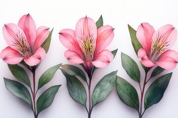 Fototapeta premium A vibrant display of three pink flowers with green leaves on a white background.