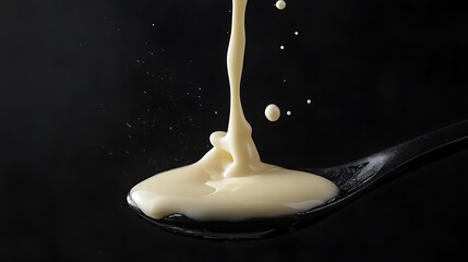 Pouring of sweet condensed milk on a spoon, isolated on black background