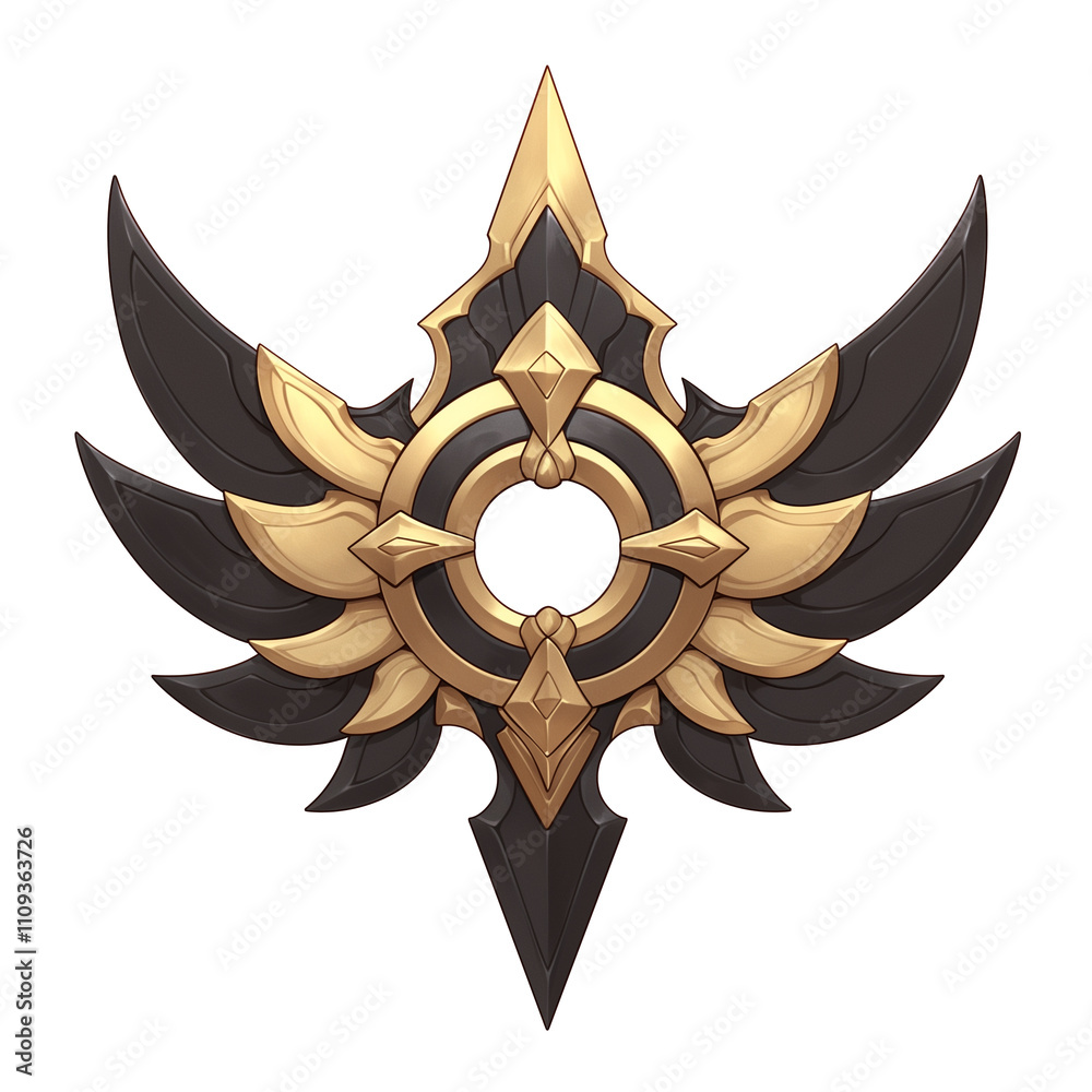 Poster golden and black emblem with intricate geometric patterns and sharp edges, resembling stylized insignia or badge, isolated on white background