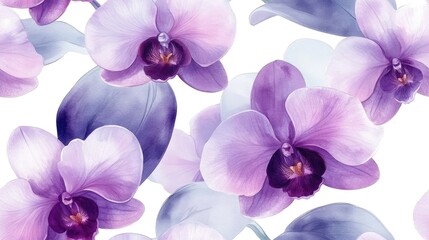 Obraz premium Seamless floral pattern featuring delicate orchid flowers and lush leaves vibrant watercolor illustration for modern decor and design applications