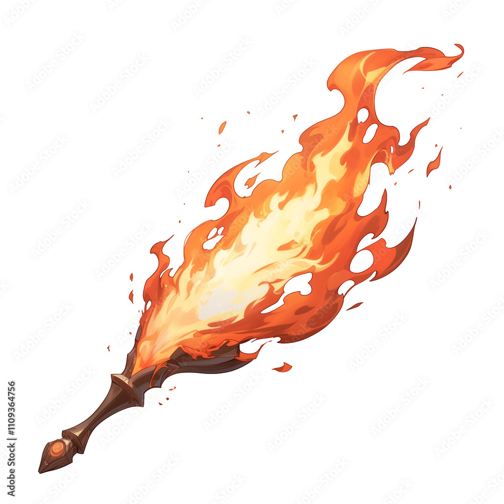 Poster fiery sword with blazing flame crest isolated on white background, showcasing dynamic energy and vib