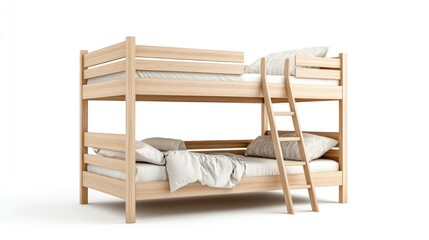 Light wood bunk bed with white bedding, isolated on white background.