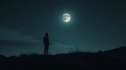 A silhouette of a person gazing at a bright moon in a starry night sky.