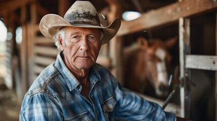 Thoughtful male rancher standing in stable barn