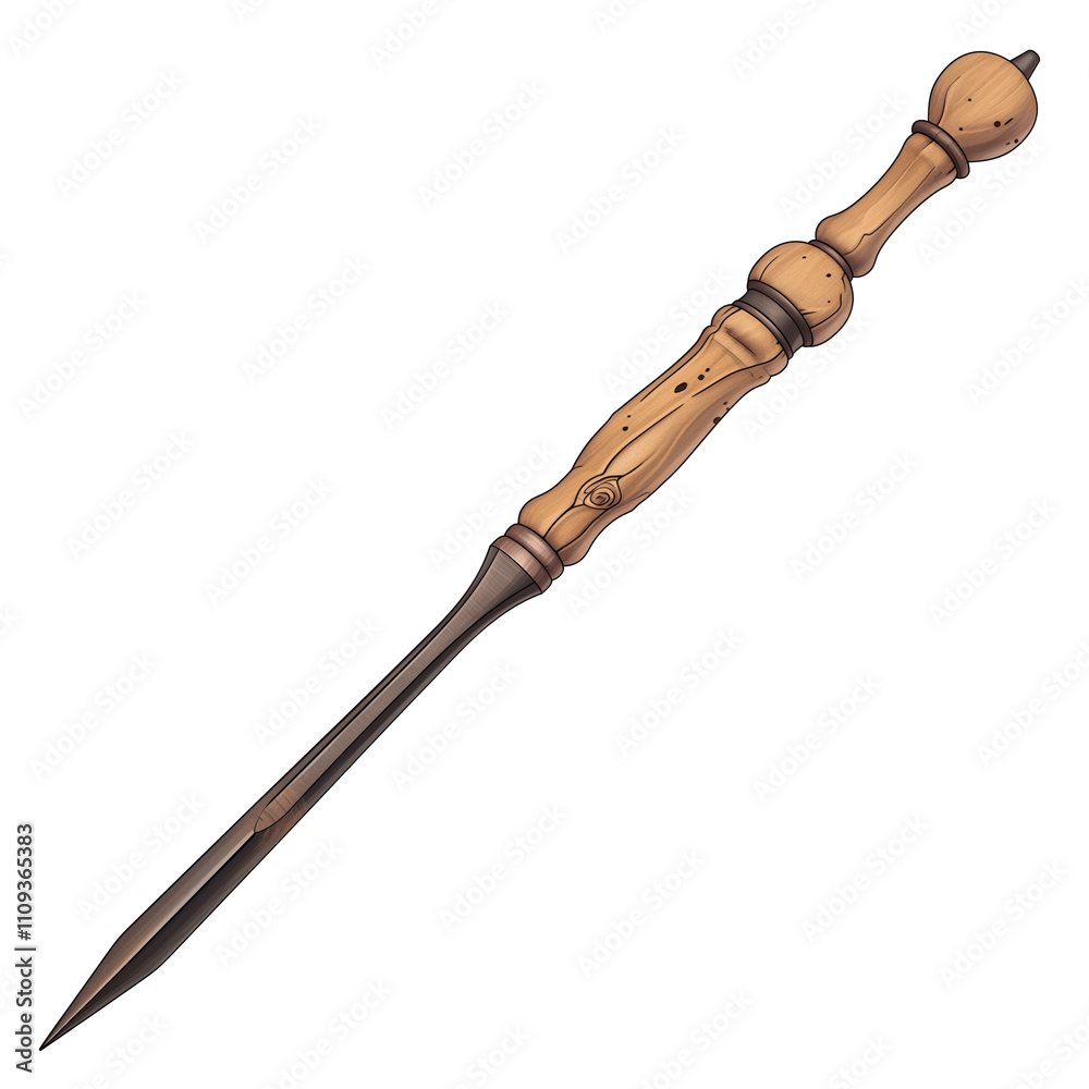 Aufkleber wooden handled awl with sharp metal point is isolated on white background, showcasing its detailed c