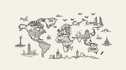 Hand-drawn world map illustration with iconic landmarks and travel elements.