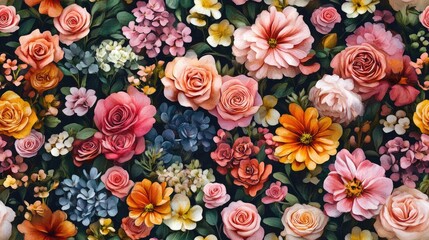 Seamless watercolor floral pattern featuring various wedding flowers ideal for invitations and decor