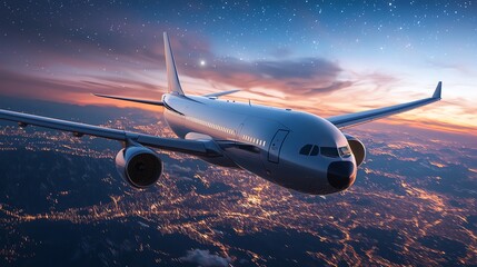 Fototapeta premium A commercial airplane flying over a cityscape at sunset, showcasing stunning vibrant skies and urban lights below.