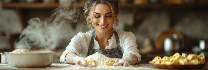 Smiling italian woman chef making fresh tortellini with flour in rustic kitchen