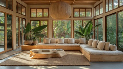 Cozy living room with natural light and sustainable design, featuring a wooden sofa and plants in a peaceful setting