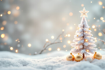 Elegant White Christmas Tree in Snowy Scene - AI Generated