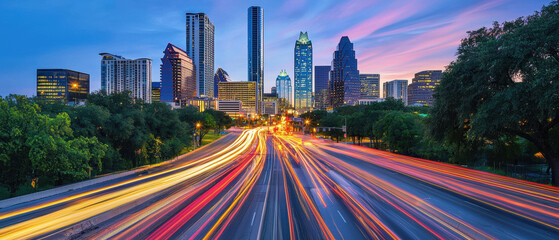 vibrant downtown skyline at dusk, showcasing illuminated buildings and light trails from moving vehicles. scene captures energy and beauty of urban life
