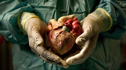 Close-up of surgeon's hands holding detailed human heart model, symbolizing organ transplantation and medical precision in healthcare procedures.