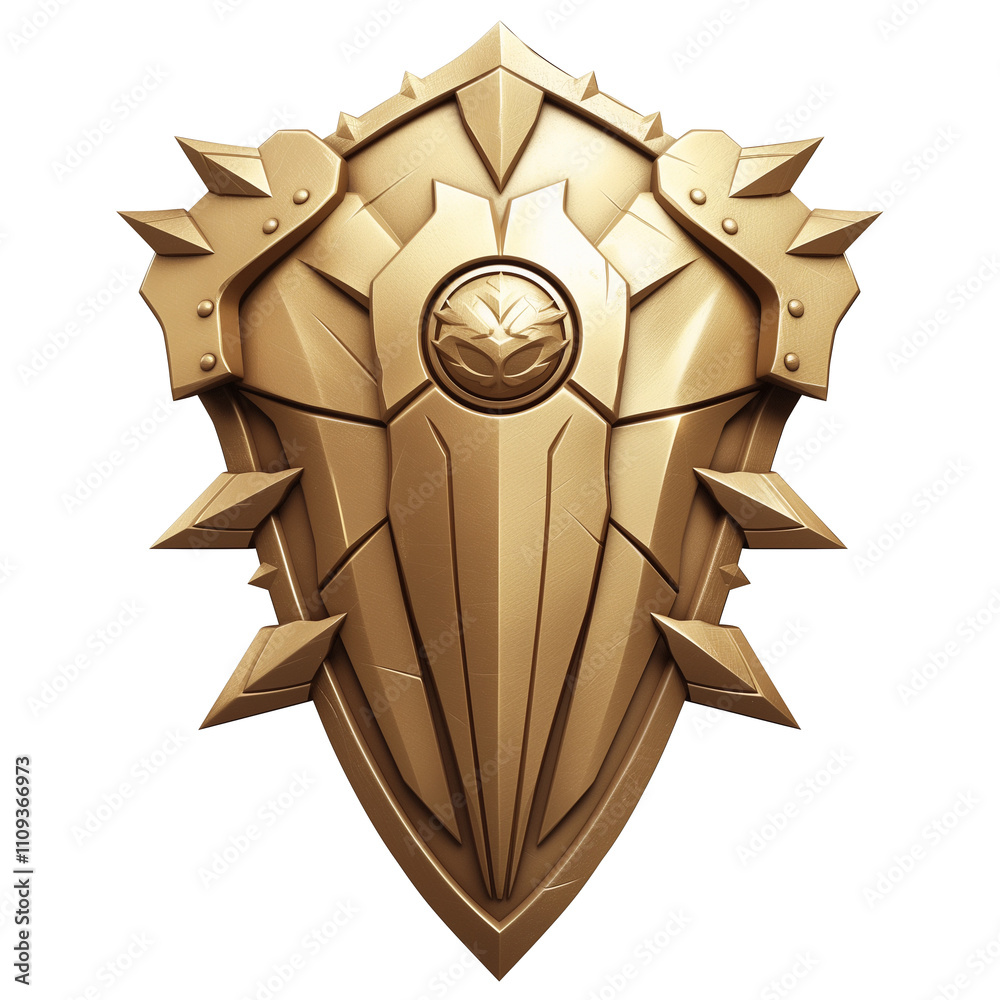 Poster golden shield with intricate designs and spikes, symbolizing strength and protection, isolated on wh