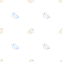 Bird. Watercolor seamless pattern on white background in pastel colors. Cute illustration for textile and wrapping paper for Easter day