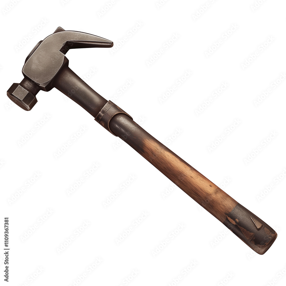 Poster claw hammer with wooden handle and metal head is isolated on white background, showcasing its sturdy