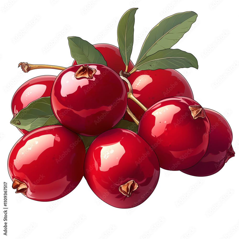 Poster cluster of vibrant red cranberries with glossy surfaces and green leaves, isolated on white backgrou