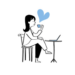 Having a Coffee, Minimalist Notion-Style Illustration of a Happy Woman Enjoying Her Coffee.