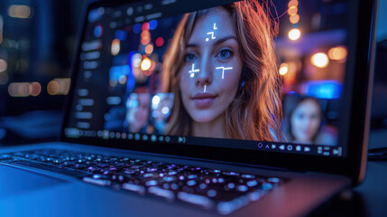 Engaging video conference with multiple participants on a laptop display in a cozy setting