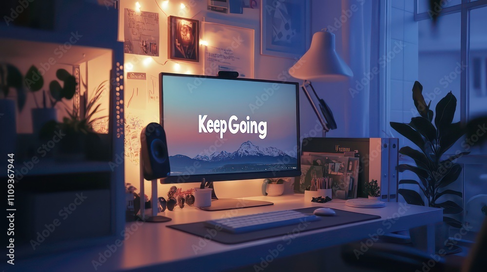 Poster Cozy home office at night with computer displaying 