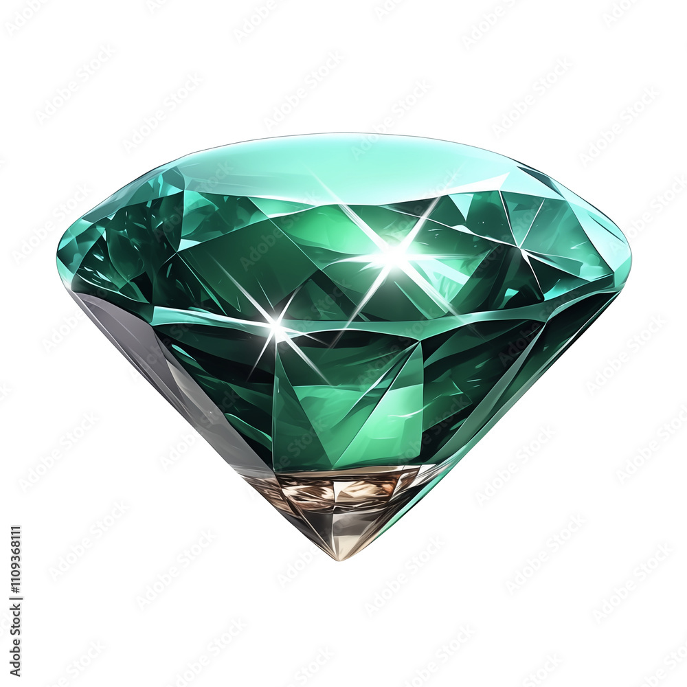 Poster sparkling emerald gemstone with intricate facets, isolated on white background, showcasing its vibra
