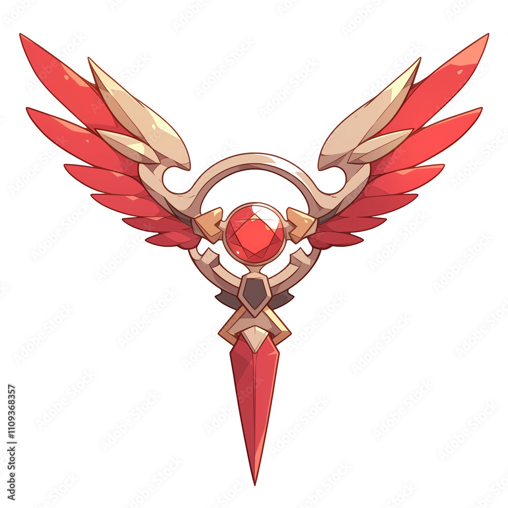 Poster red winged emblem with central garnet gem, featuring intricate design and symmetrical wings, isolate