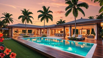 An elegant villa with a pool, showcasing a peaceful tropical escape.