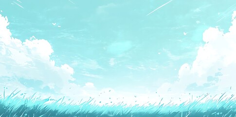 A simple, flat illustration of a grassy field with pastel green grass, white clouds, and a light blue sky, inspired by children's book designs. 