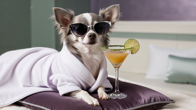 A trendy dog adorned in shades, enjoying its cocktail in style.