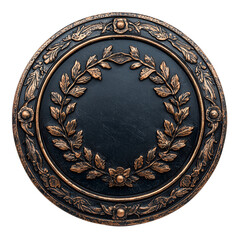 Fototapeta premium round, ornate metal shield with intricate leaf and floral designs, isolated on white background, exudes elegance and craftsmanship. shield detailed embellishments highlight its artistic value