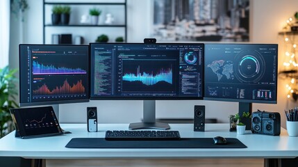 Naklejka premium A modern workspace with multiple monitors displaying data analytics.