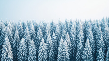 Obraz premium A serene winter scene showcasing a dense forest of snow-covered evergreen trees under a bright, clear sky.