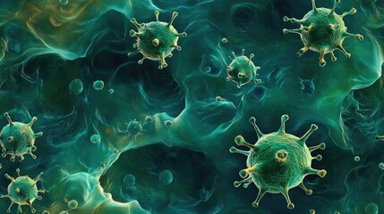 Seamless pattern showcasing 3D jade virus molecules and olive anti bacterial structures ideal for scientific illustrations and educational materials