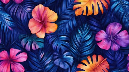 Hand painted seamless pattern of vibrant watercolor tropical palm leaves featuring monstera and heliconia flowers ideal for summer themed designs
