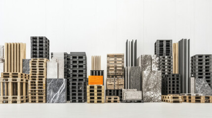 variety of stacked pallets in different materials and colors