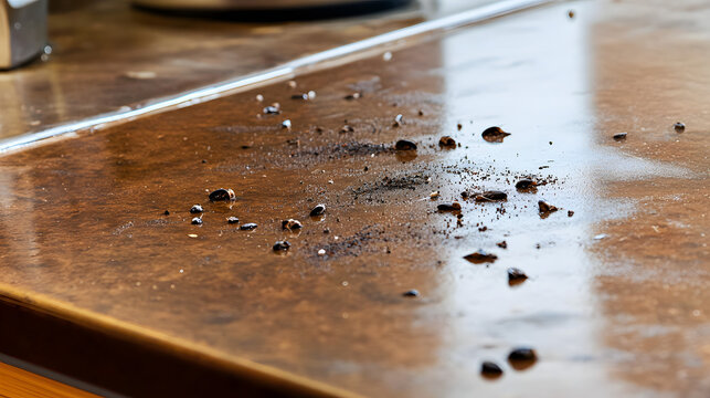 Rat droppings on kitchen counter, a reminder of the importance of cleanliness and pest control in maintaining a healthy home environment.