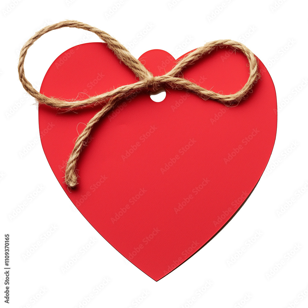 Poster red heart shaped gift tag with rustic twine bow is isolated on white background, perfect for adding 