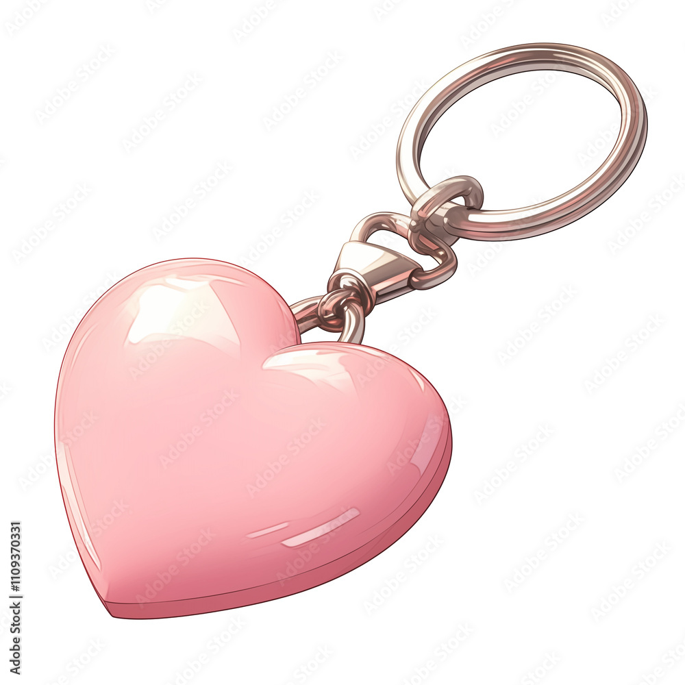 Poster shiny pink heart shaped keychain with metallic ring, isolated on white background, exudes sense of c