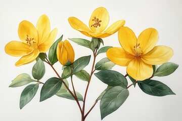 Obraz premium A vibrant illustration of yellow flowers and leaves, showcasing botanical beauty.