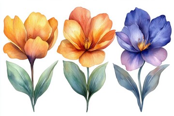 Fototapeta premium A vibrant illustration of three colorful flowers with green leaves.