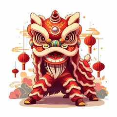 Chinese new year theme illustration traditional lion dance celebration  
