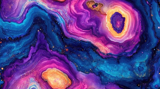 Vibrant galaxy tie dye pattern featuring geode slice designs and cosmic colors artistic background for textiles and wallpapers