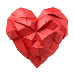 red, geometric heart shaped paper craft with intricate folds and facets, isolated on white background, showcasing creativity and design