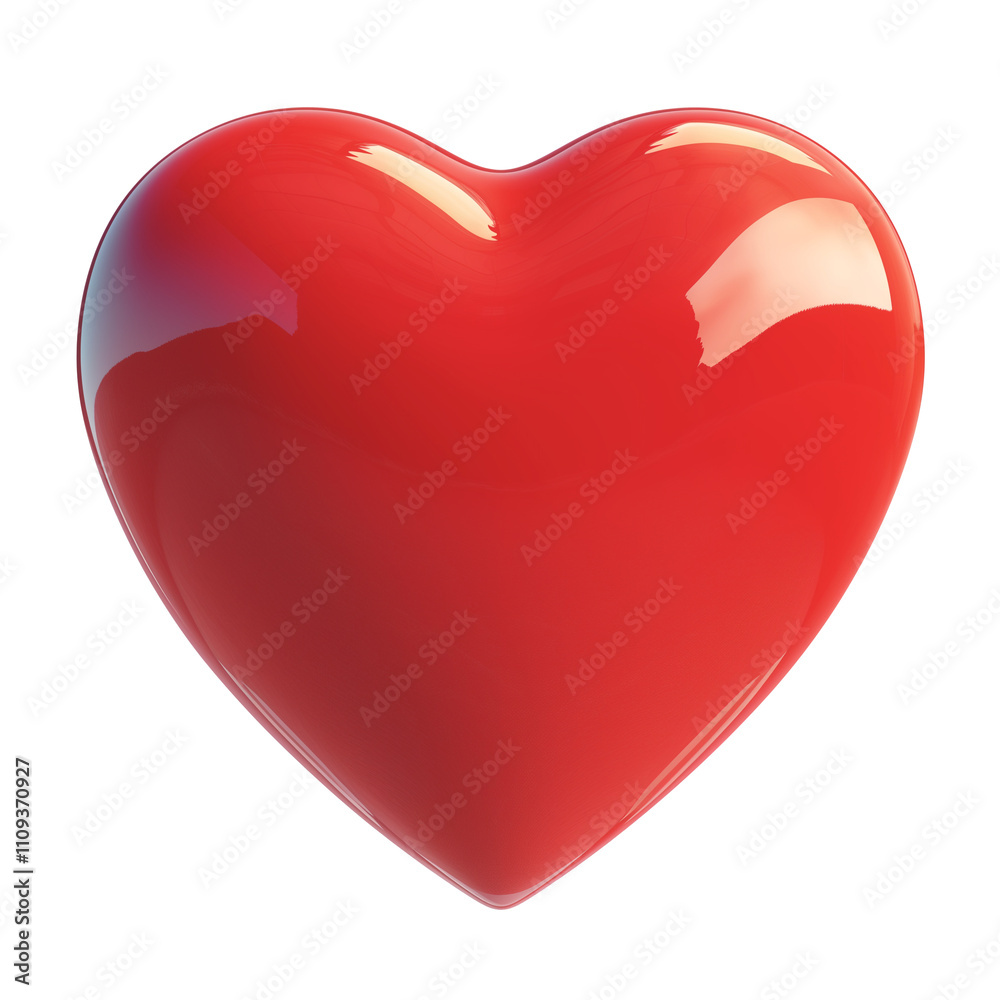 Poster shiny red heart shaped pillow isolated on white background, reflecting light and creating glossy appearance. smooth surface and vibrant color evoke feelings of love and warmth
