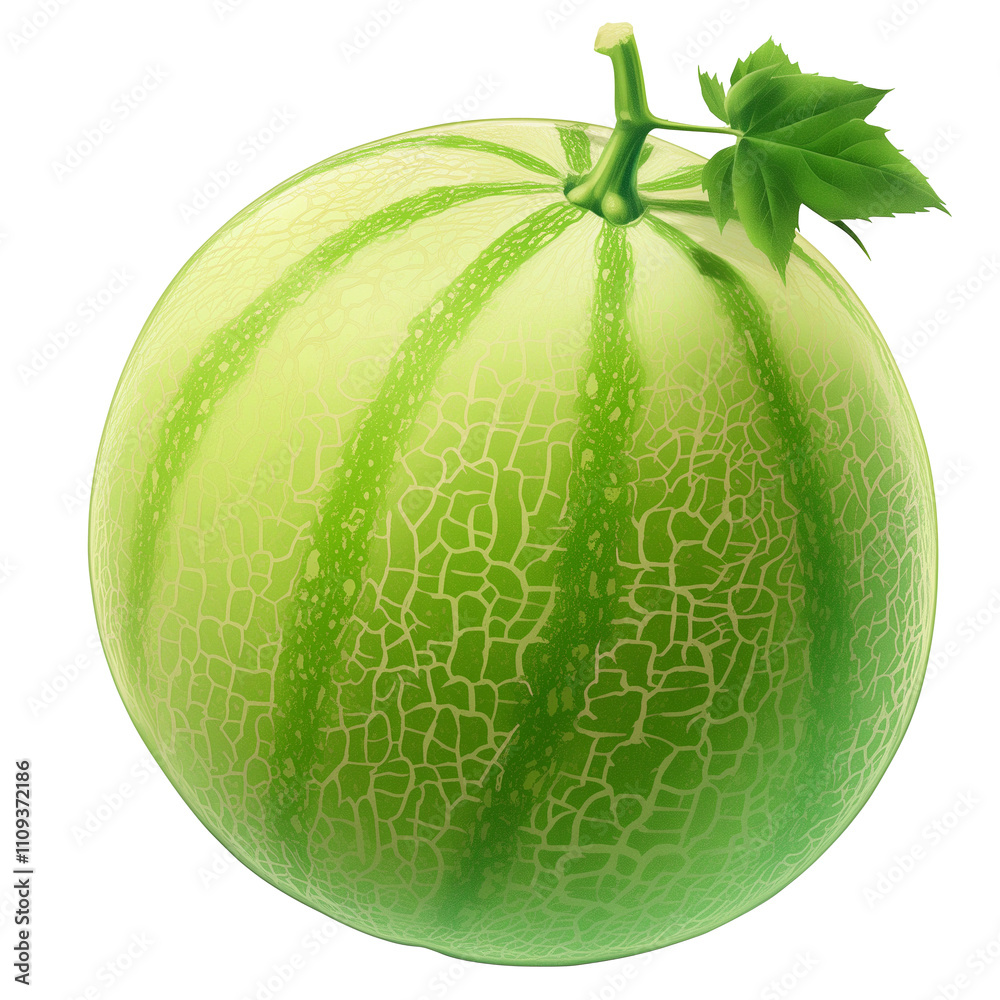 Poster fresh honeydew melon with vibrant green rind and small leaf attached, isolated on white background, 