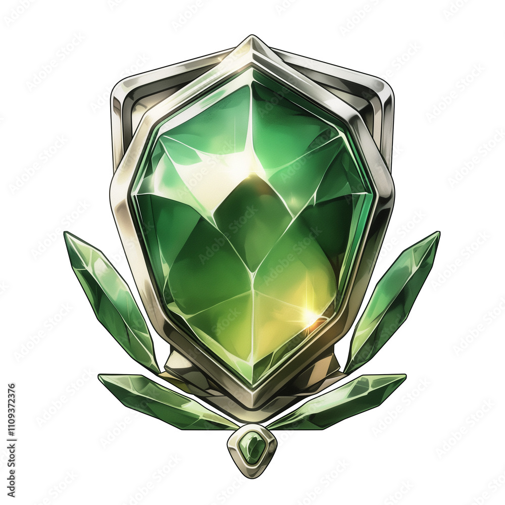Poster shiny jade hexagon badge with metallic frame and green gemstone accents, isolated on white backgroun