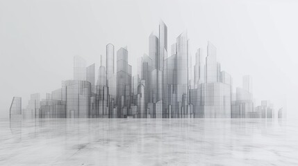 Obraz premium Ethereal cityscape with transparent, glass-like futuristic buildings shrouded in fog. A sleek and modern depiction for visionary architectural projects. AI generated.